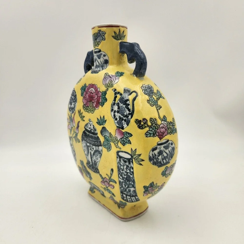 Chinese Yellow Ground Moonflask Vase Blue White Vessel Floral Design Seal Mark